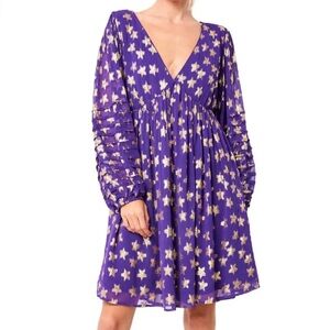 Ciebon Purple Metallic Star Print Sallie Long Balloon Sleeve Mini Dress V-Neck